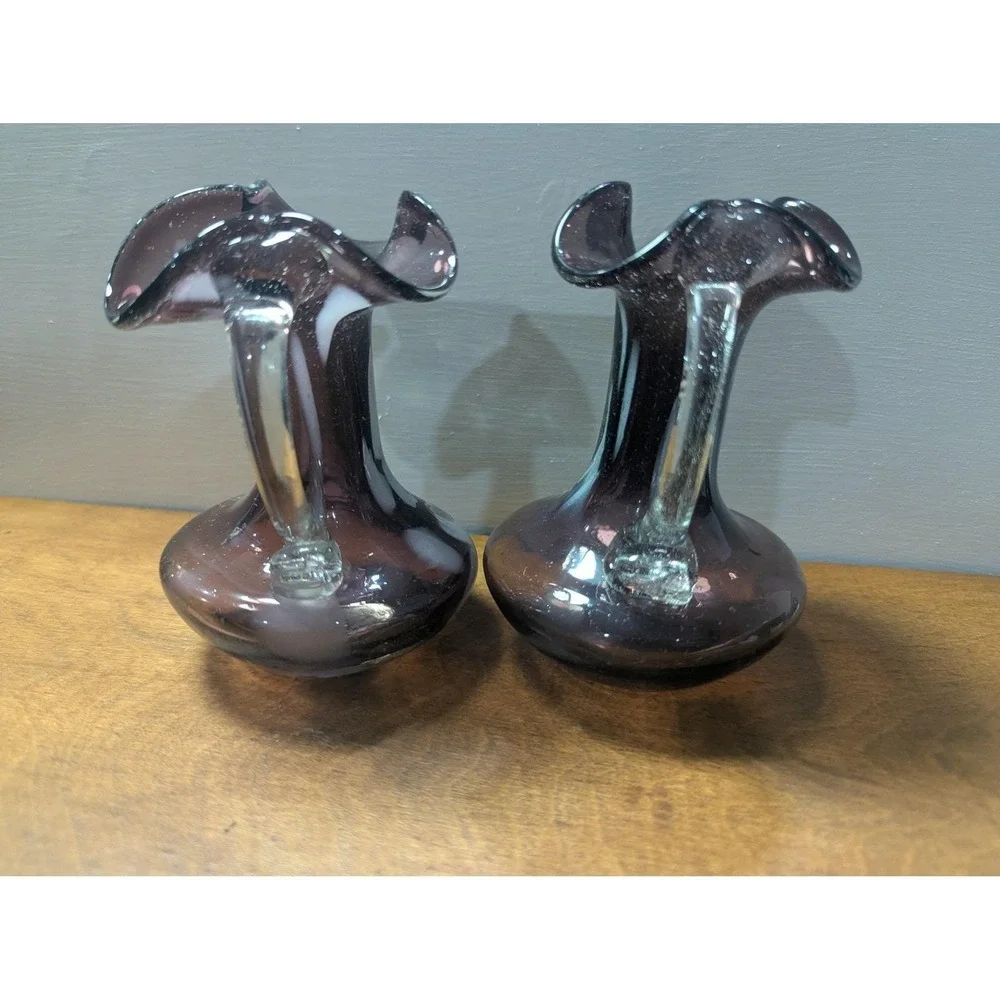 Vintage Fenton Amethyst Purple Hand Blown Art Glass Mini Pitcher Ruffled Set 2